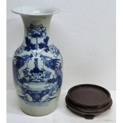 ANTICO GRANDE VASO CINESE BALAUSTRA PORCELLANA CELADON BLU BIANCO FIORI UCCELLI