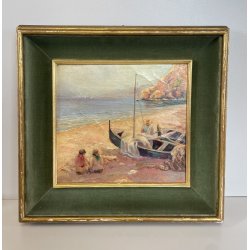 ANTICO QUADRO DIPINTO OLIO SU TAVOLA A.MASTANZONI 1900 MARINA PESCATORE BARCA