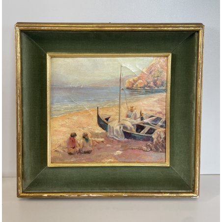 ANTICO QUADRO DIPINTO OLIO SU TAVOLA A.MASTANZONI 1900 MARINA PESCATORE BARCA