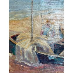 ANTICO QUADRO DIPINTO OLIO SU TAVOLA A.MASTANZONI 1900 MARINA PESCATORE BARCA