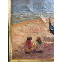 ANTICO QUADRO DIPINTO OLIO SU TAVOLA A.MASTANZONI 1900 MARINA PESCATORE BARCA