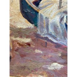 ANTICO QUADRO DIPINTO OLIO SU TAVOLA A.MASTANZONI 1900 MARINA PESCATORE BARCA