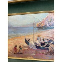ANTICO QUADRO DIPINTO OLIO SU TAVOLA A.MASTANZONI 1900 MARINA PESCATORE BARCA