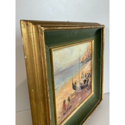 ANTICO QUADRO DIPINTO OLIO SU TAVOLA A.MASTANZONI 1900 MARINA PESCATORE BARCA