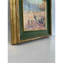 ANTICO QUADRO DIPINTO OLIO SU TAVOLA A.MASTANZONI 1900 MARINA PESCATORE BARCA