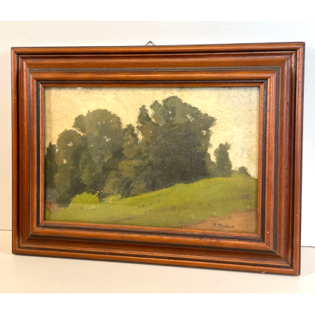 ANTICO QUADRO DIPINTO OLIO SU CARTONCINO PIOVANO BARTOLOMEO PAESAGGIO PRATO 1920