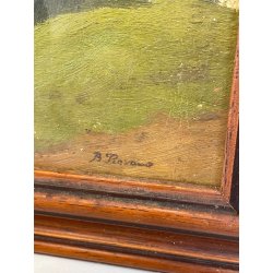 ANTICO QUADRO DIPINTO OLIO SU CARTONCINO PIOVANO BARTOLOMEO PAESAGGIO PRATO 1920