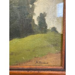 ANTICO QUADRO DIPINTO OLIO SU CARTONCINO PIOVANO BARTOLOMEO PAESAGGIO PRATO 1920