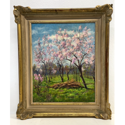 ANTICO QUADRO DIPINTO OLIO SU CARTONE PIOVANO BARTOLOMEO PAESAGGIO CILIEGI 1957