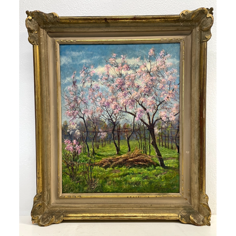 ANTICO QUADRO DIPINTO OLIO SU CARTONE PIOVANO BARTOLOMEO PAESAGGIO CILIEGI 1957