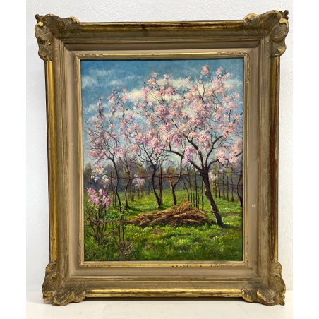 ANTICO QUADRO DIPINTO OLIO SU CARTONE PIOVANO BARTOLOMEO PAESAGGIO CILIEGI 1957