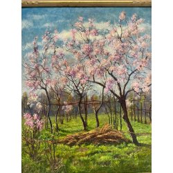 ANTICO QUADRO DIPINTO OLIO SU CARTONE PIOVANO BARTOLOMEO PAESAGGIO CILIEGI 1957