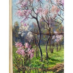 ANTICO QUADRO DIPINTO OLIO SU CARTONE PIOVANO BARTOLOMEO PAESAGGIO CILIEGI 1957