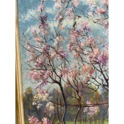 ANTICO QUADRO DIPINTO OLIO SU CARTONE PIOVANO BARTOLOMEO PAESAGGIO CILIEGI 1957
