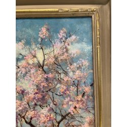 ANTICO QUADRO DIPINTO OLIO SU CARTONE PIOVANO BARTOLOMEO PAESAGGIO CILIEGI 1957