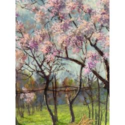 ANTICO QUADRO DIPINTO OLIO SU CARTONE PIOVANO BARTOLOMEO PAESAGGIO GILIEGI 1957