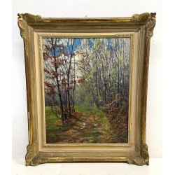 ANTICO QUADRO DIPINTO OLIO SU CARTONE PIOVANO BARTOLOMEO PAESAGGIO BOSCO 1972