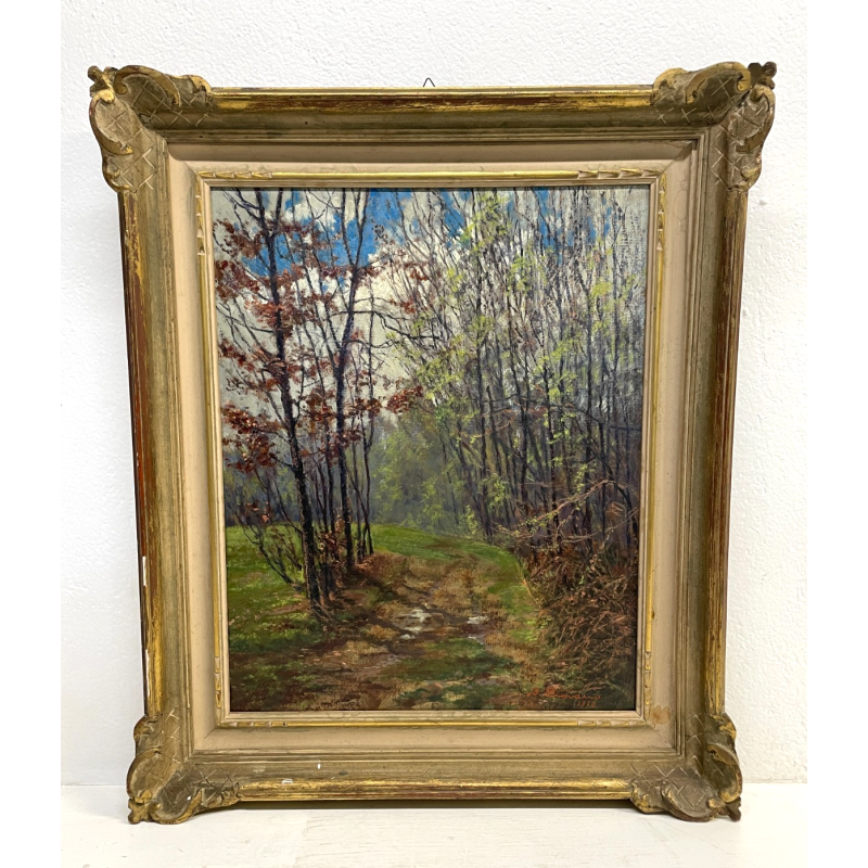 ANTICO QUADRO DIPINTO OLIO SU CARTONE PIOVANO BARTOLOMEO PAESAGGIO BOSCO 1972