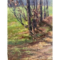 ANTICO QUADRO DIPINTO OLIO SU CARTONE PIOVANO BARTOLOMEO PAESAGGIO BOSCO 1972