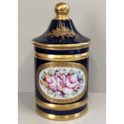 VASO con COPERCHIO PORCELLANA Sevres BLU ORO DECORO Bouquet Fiori JAR WITH LID