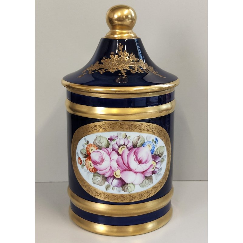 VASO con COPERCHIO PORCELLANA Sevres BLU ORO DECORO Bouquet Fiori JAR WITH LID