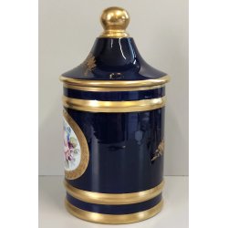 VASO con COPERCHIO PORCELLANA Sevres BLU ORO DECORO Bouquet Fiori JAR WITH LID