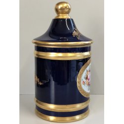VASO con COPERCHIO PORCELLANA Sevres BLU ORO DECORO Bouquet Fiori JAR WITH LID