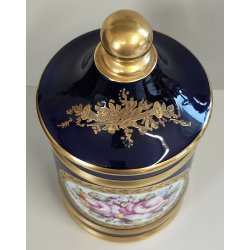 VASO con COPERCHIO PORCELLANA Sevres BLU ORO DECORO Bouquet Fiori JAR WITH LID