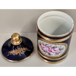 VASO con COPERCHIO PORCELLANA Sevres BLU ORO DECORO Bouquet Fiori JAR WITH LID