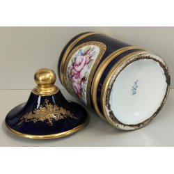 VASO con COPERCHIO PORCELLANA Sevres BLU ORO DECORO Bouquet Fiori JAR WITH LID