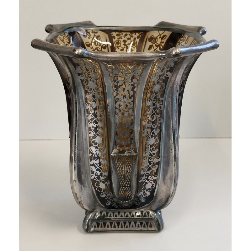 ANTICO VASO VETRO AMBRA COSTOLATO ARGENTO anni 20 Art Nouveau GLASS SILVER VASE