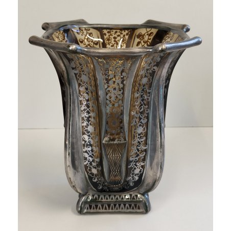 ANTICO VASO VETRO AMBRA COSTOLATO ARGENTO anni 20 Art Nouveau GLASS SILVER VASE