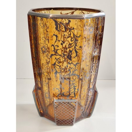 ANTICO VASO VETRO AMBRA OTTAGONALE ARGENTO anni 30 Art Déco GLASS SILVER VASE