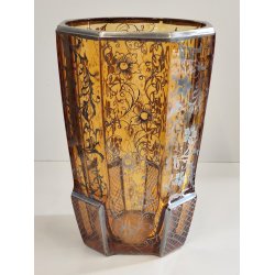ANTICO VASO VETRO AMBRA OTTAGONALE ARGENTO anni 30 Art Déco GLASS SILVER VASE