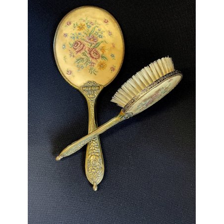 antico SET TOELETTA SPECCHIO e SPAZZOLA ricamo PETIT POINT vittoriano 1930/40