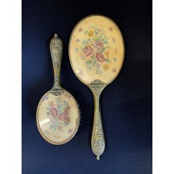 antico SET TOELETTA SPECCHIO e SPAZZOLA ricamo PETIT POINT vittoriano 1930/40