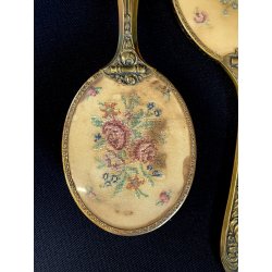 antico SET TOELETTA SPECCHIO e SPAZZOLA ricamo PETIT POINT vittoriano 1930/40