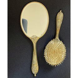 antico SET TOELETTA SPECCHIO e SPAZZOLA ricamo PETIT POINT vittoriano 1930/40