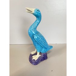 SCULTURA PORCELLANA CINESE STATUETTA PAPERA TURCHESE BASE VIOLA 16 cm/h ANNI '50