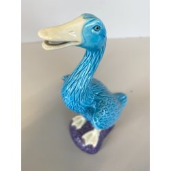 SCULTURA PORCELLANA CINESE STATUETTA PAPERA TURCHESE BASE VIOLA 16 cm/h ANNI '50