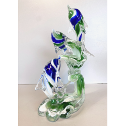 SCULTURA DELFINI ONDE VETRO Murano TRASPARENTE SOMMERSO BLU VERDE 26,5 cm/h '80s