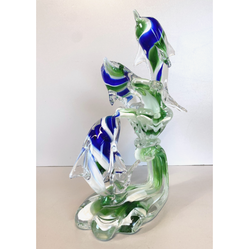 SCULTURA DELFINI ONDE VETRO Murano TRASPARENTE SOMMERSO BLU VERDE 26,5 cm/h '80s
