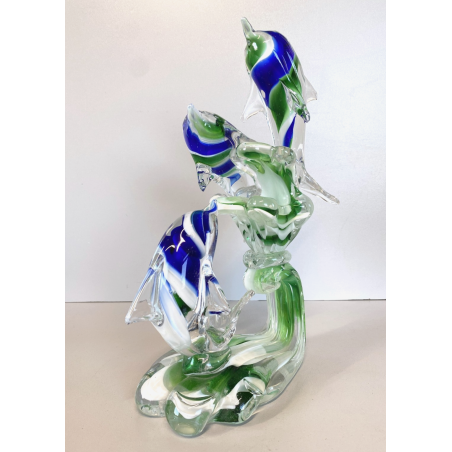 SCULTURA DELFINI ONDE VETRO Murano TRASPARENTE SOMMERSO BLU VERDE 26,5 cm/h '80s