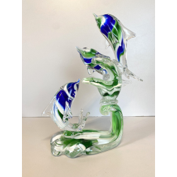 SCULTURA DELFINI ONDE VETRO Murano TRASPARENTE SOMMERSO BLU VERDE 26,5 cm/h '80s