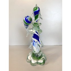 SCULTURA DELFINI ONDE VETRO Murano TRASPARENTE SOMMERSO BLU VERDE 26,5 cm/h '80s