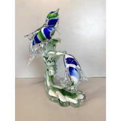 SCULTURA DELFINI ONDE VETRO Murano TRASPARENTE SOMMERSO BLU VERDE 26,5 cm/h '80s