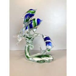 SCULTURA DELFINI ONDE VETRO Murano TRASPARENTE SOMMERSO BLU VERDE 26,5 cm/h '80s