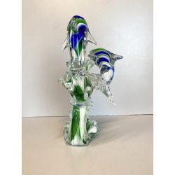 SCULTURA DELFINI ONDE VETRO Murano TRASPARENTE SOMMERSO BLU VERDE 26,5 cm/h '80s