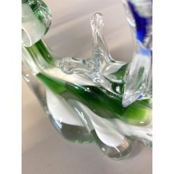SCULTURA DELFINI ONDE VETRO Murano TRASPARENTE SOMMERSO BLU VERDE 26,5 cm/h '80s