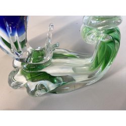 SCULTURA DELFINI ONDE VETRO Murano TRASPARENTE SOMMERSO BLU VERDE 26,5 cm/h '80s